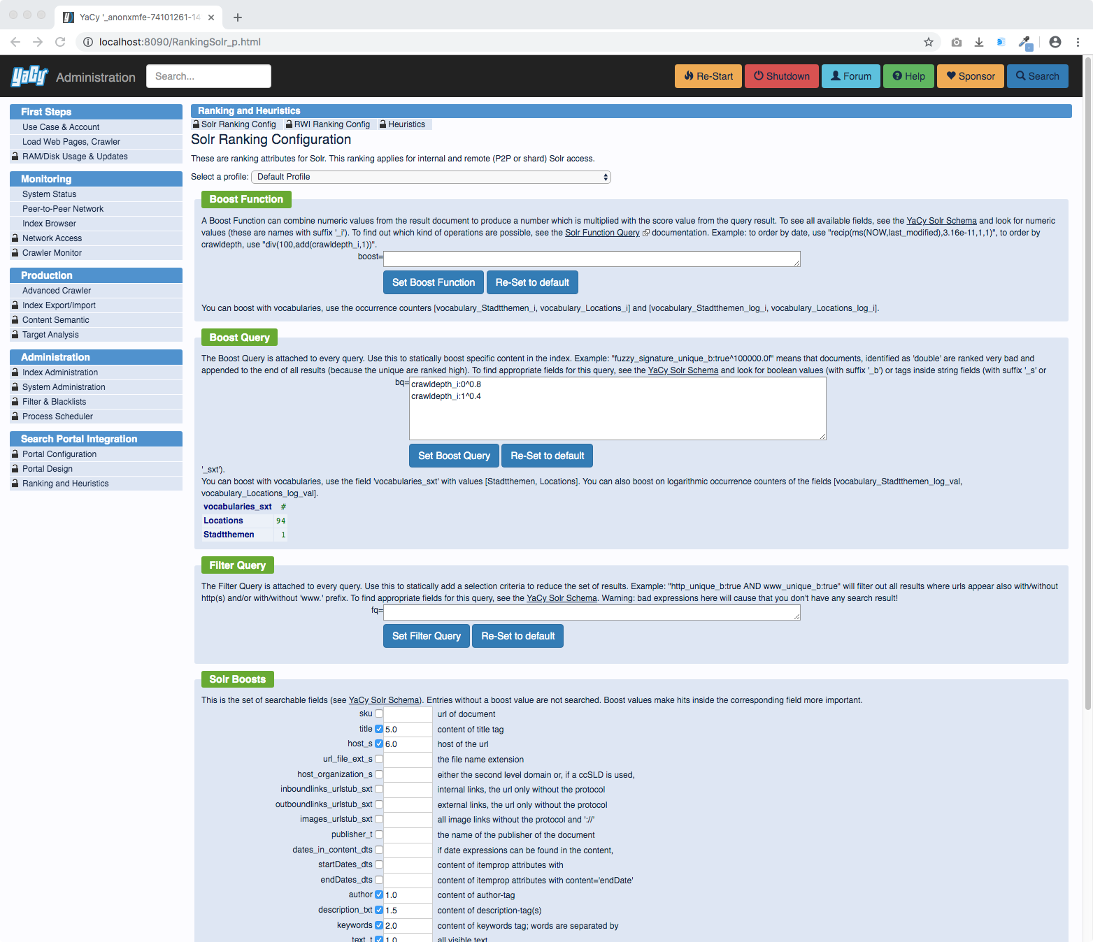 YaCy Search Engine Ranking Configuration