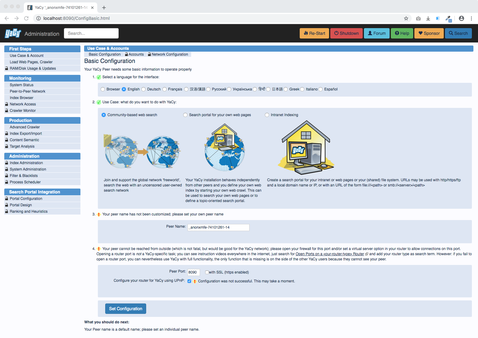 YaCy Search Engine Basic Configuration for Use Case: Peer-to-Peer, Portal, Intranet